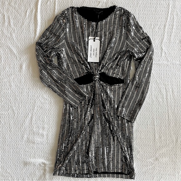 NWT Zara Black Sequins Mirror Cutout Cocktail Mini Dress - Picture 2 of 9